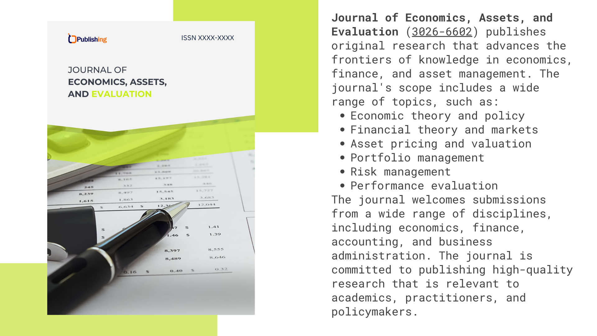 Journal of Economics, Assets, and Evaluation